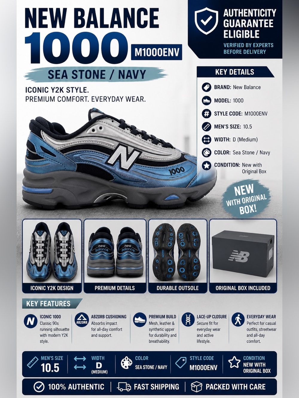 New Balance 1000 M1000ENV Sea Stone Navy Y2K ABZORB Sneakers Men's 10.5 D - Picture 2 of 14
